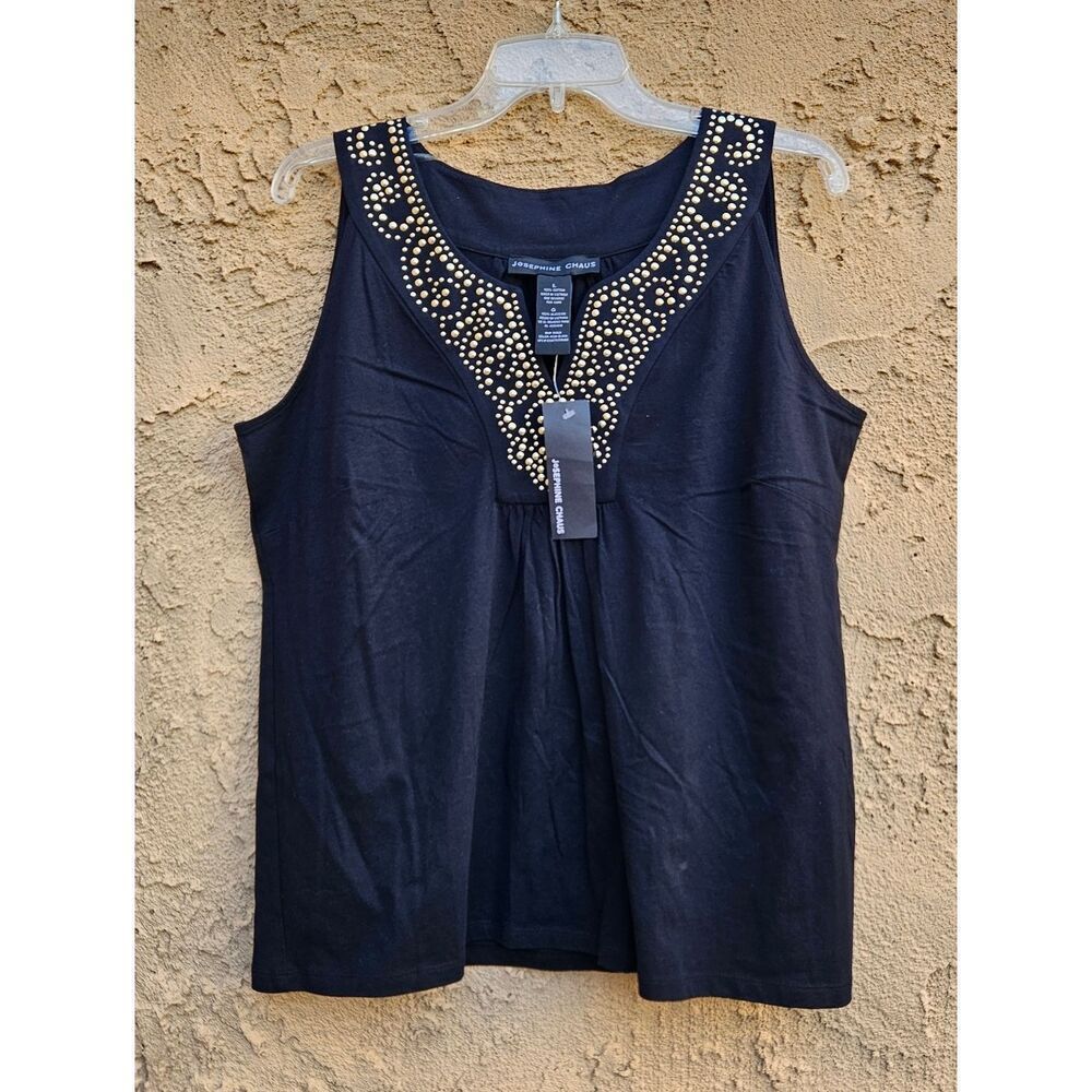 Josephine Chaus Black Embellished V-Neck Tank Top Size L